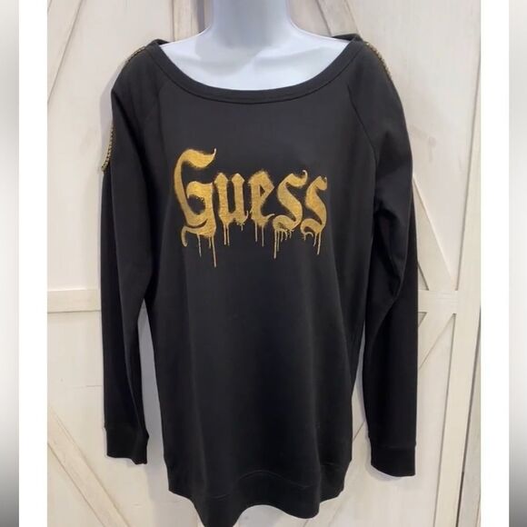 Guess Studded Cold Shoulder Logo Sweatshirt In Black & Gold Size Medium - Picture 3 of 11